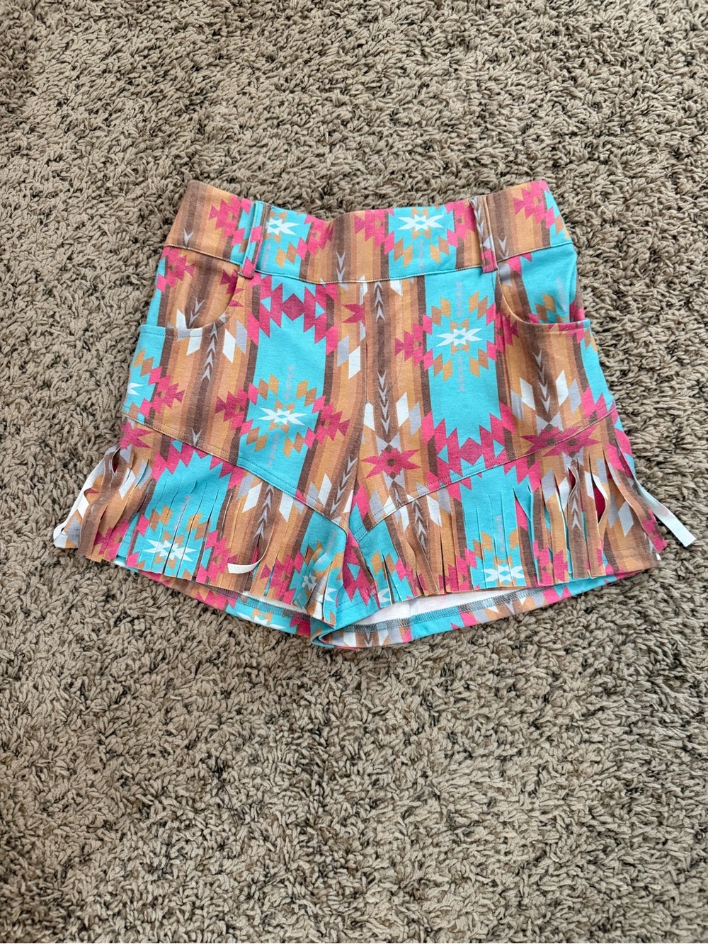 NWT Crazy Train Turquoise & Tan Aztec Fringe Women’s Shorts
